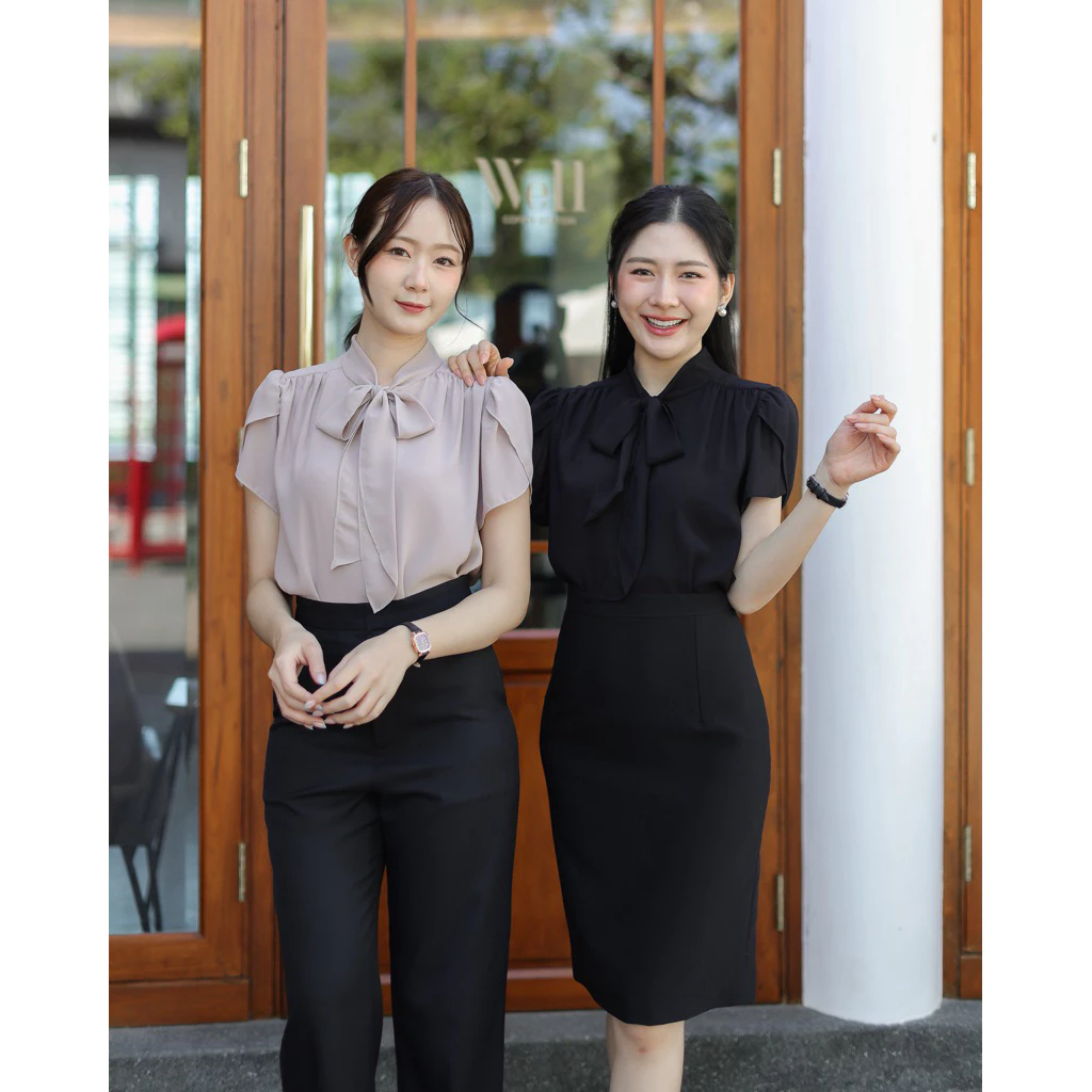 "Bora Blouse"แขนสั้นรุ่นผูกโบว์-แขนกลีบบัว ใส่ทำงาน สมัครงาน สมัครแอร์ เที่ยว ได้ครบ ผ้าชีฟองเนื้อนิ่ม งานสวมหัว
