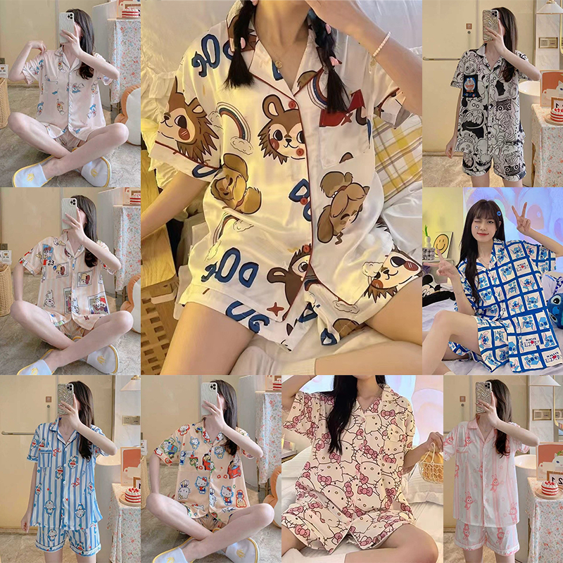H-apparel shop ชุดนอนผู้หญิงลายการ์ตูนน่ารัก มีปก ประกอบด้วยเสื้อแขนสั้นและกางเกงนอน คุณภาพดี สวมใส่สบาย โปรโมชั่นพิเศษ