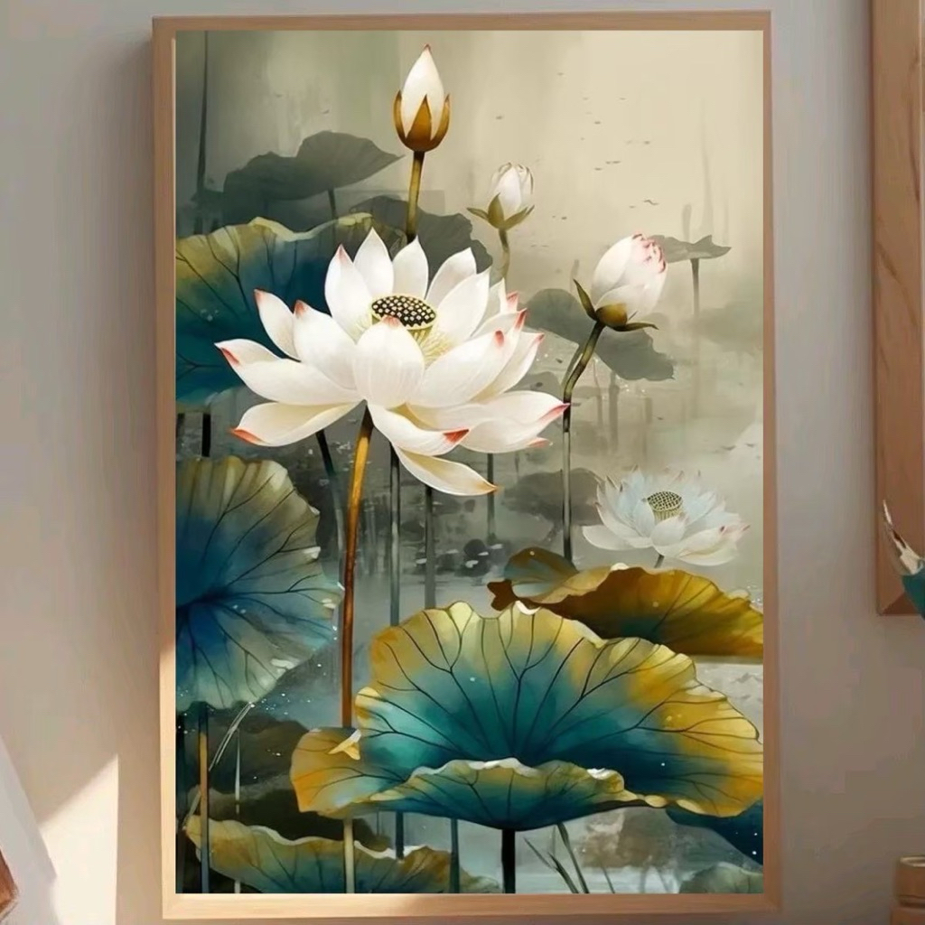 Lotus V2-ภาพดอกบัว แต่งบ้านแขวนผนัง ภาพพิมพ์แคนวาสพร้อมกรอบลอย