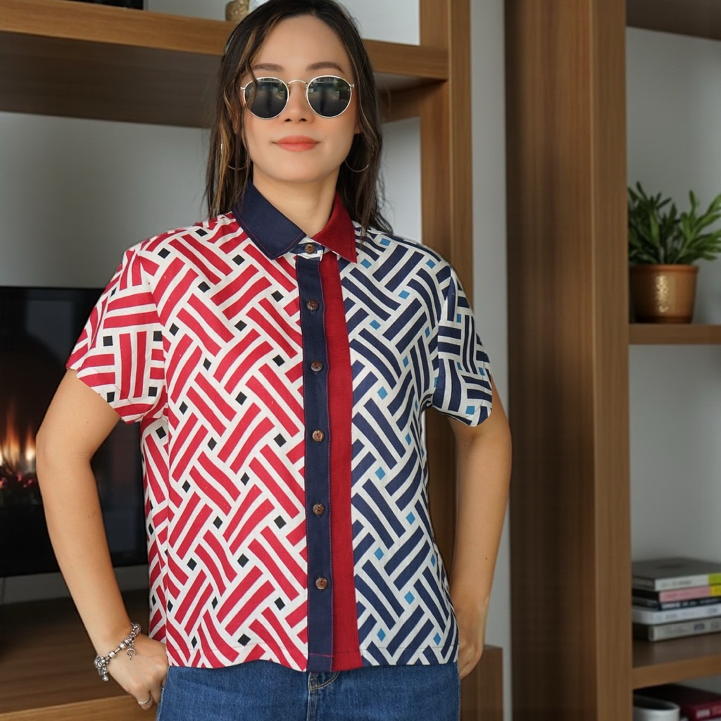 5th Jan เสื้อเชิ้ต คอปก แขนสั้น แต่งผ้าเล่นสีทูโทนหน้า-หลัง ชายเสื้อตรงผ่าข้าง ผ้าลินินแท้ 100% “อก 