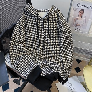 เสื้อกันหนาวแขนยาวมีซิปมีกระเป๋าและหมวกผ้าคอตตอนลายสก๊อต เสื…