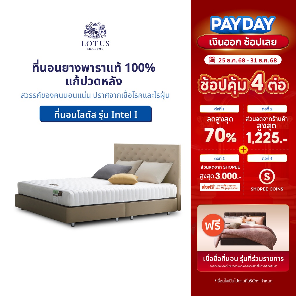 [ฟรี!ชุดผ้าปูที่นอน] LOTUS รุ่น Intel I ที่นอนยางพาราแท้ 100% บรรเทาปวดหลัง หนา 8 นิ้ว