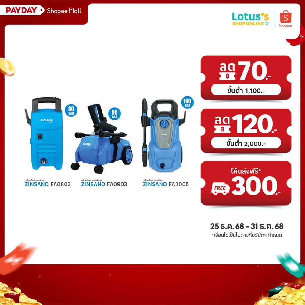 ซินซาโน่ เครื่องฉีดน้ำแรงดันสูง สีฟ้า FA0803 80บาร์ / FA0903 90บาร์/ FA1005 100บาร์ ZINSANO HIGHPRES