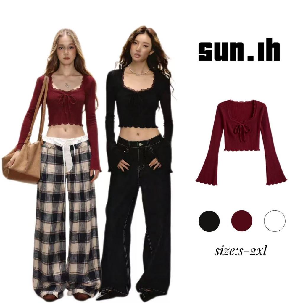 SUN🛍️ มีสินค้าในสต็อก🛍️เสื้อยืดแขนยาวคอเหลี่ยมแต่งลูกไม้ลายดอกไม้ผูกเชือก ทรงเข้ารูปเอวสูง เหมาะสำหรับใส่เป็นเสื้อตัวในใ