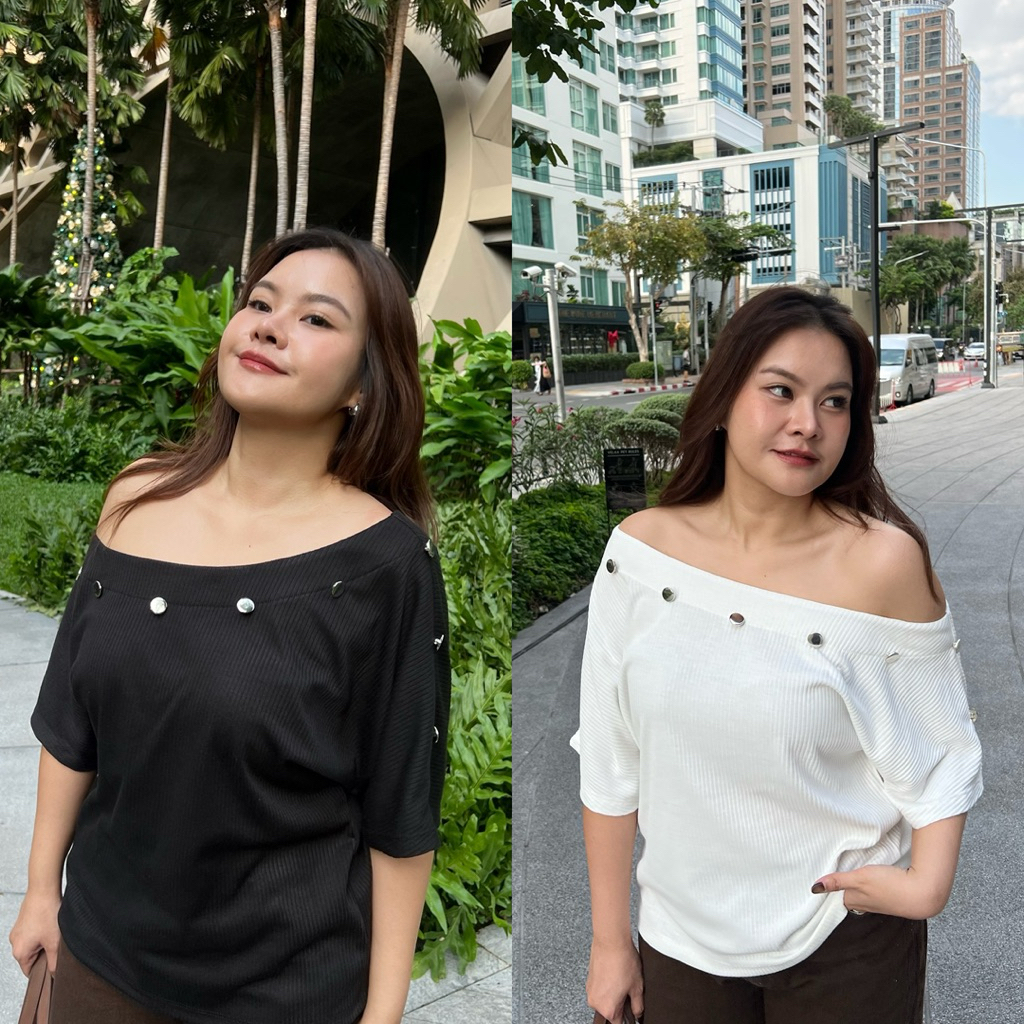 Sweet Curve 🩶🎀 เสื้อปาดไหล่แต่งกระดุม