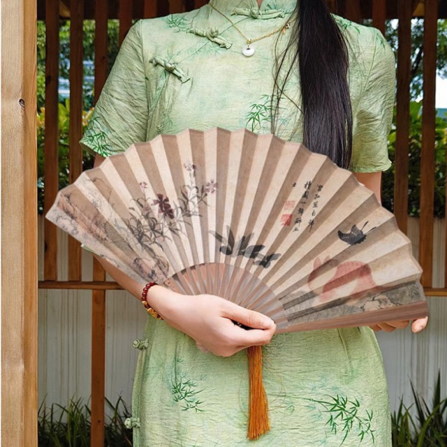 ส่งจาก กทม.พัดพับลายโบราณสไตล์จีน | ลายแมว ผีเสื้อ ชุดฮั่นฝู พัดสองหน้า