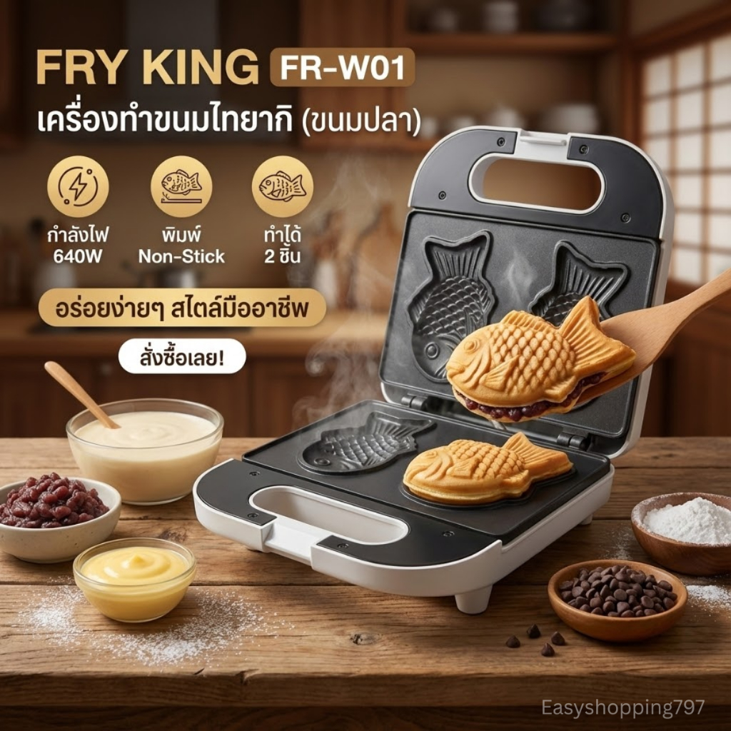 FRY KING FR-W01 เครื่องทำขนมไทยากิ ขนมปลา กำลังไฟ 640W พิมพ์ Non-Stick ใช้งานง่าย ทำขนมปลา 2 ชิ้น