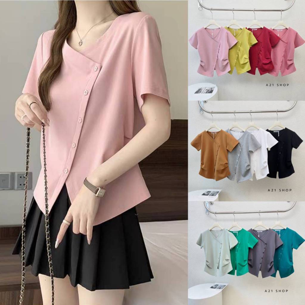 A601 คอวีกระดุมเฉียงจับจีบช่วงเอว