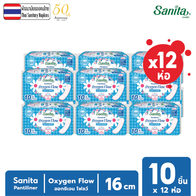 [ยกโหล12ห่อ] Sanita Pantiliner Oxygen Flow 10s / แซนนิต้า แผ่นอนามัย ออกซิเจนโฟลว์ 10ชิ้น/ห่อ