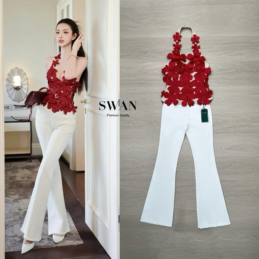 ชุดหรูดูแพง เซ็ต 2 ชิ้นเสื้อและกางเกงยีนส์ Swan