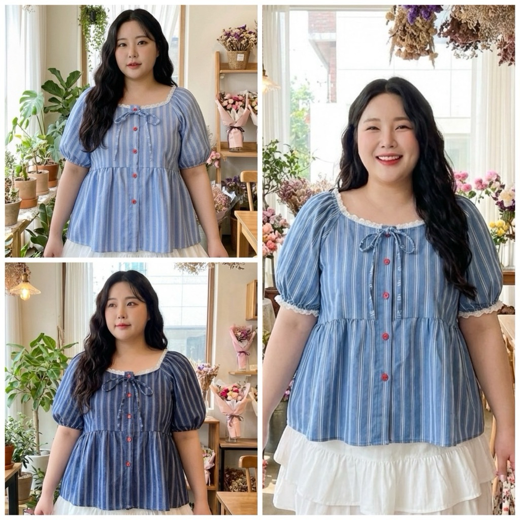 BN683.เสื้อสาวอวบใส่แบบเปิดไหล่ได้ ลายเส้นคู่ อก38-48“