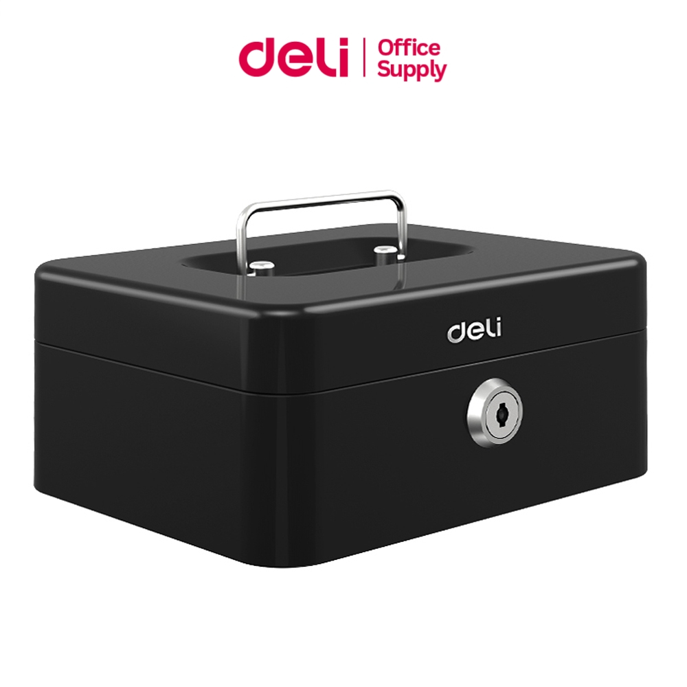 Deli เซฟนิรภัย กล่องเหล็กอเนกประสงค์ ช่องแบ่งสัดส่วน หูหิ้วพร้อมกุญแจ วัสดุแข็งแรง พกพกง่าย Cash Box