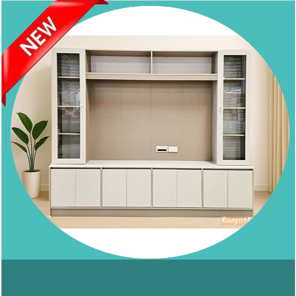 *ส่งฟรีในเขตที่กำหนด**ตู้โชว์ทีวีสีครีมขนาด 240 cm. TV70”มีช่องร้อยสายไฟและปลั๊กไฟ บานพับ soft close*** ตจว.มีค่าส่ง***