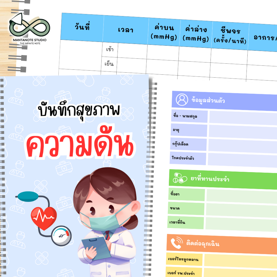 สมุดบันทึกความดันโลหิต A4 พิมพ์สีทั้งเล่ม | สันขดลวด กางง่าย พับได้ | ข้อมูลคนไข้ ตาราง BP/ชีพจรครบ