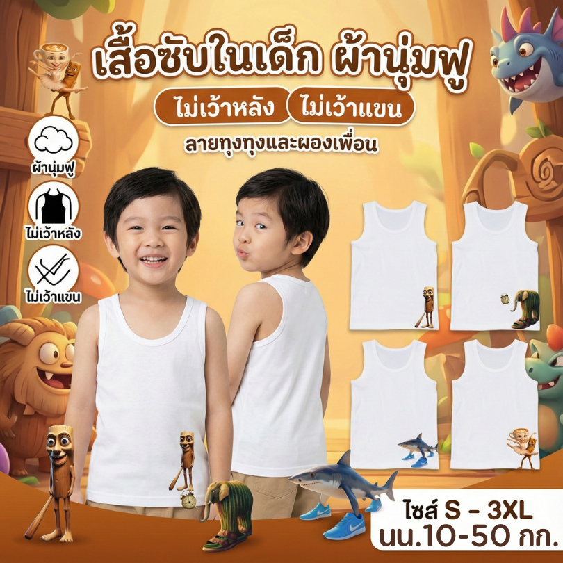 มาแรง! เสื้อซับในเด็ก เสื้อกล้ามเด็กลาย ทุงทุง ลายใหม่ ฮิตที่สุดในตอนนี้ ใส่สบาย นุ่มระบายอากาศได้ดี ไซส์ 1-11ปี