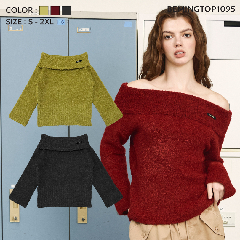 Bemingtop1095(S-2XL)-BMG Soft Fold Knit - เสื้อปาดไหล่ไหมพรมแขนยาว ดีไซน์พับช่วงอกรอบตัว