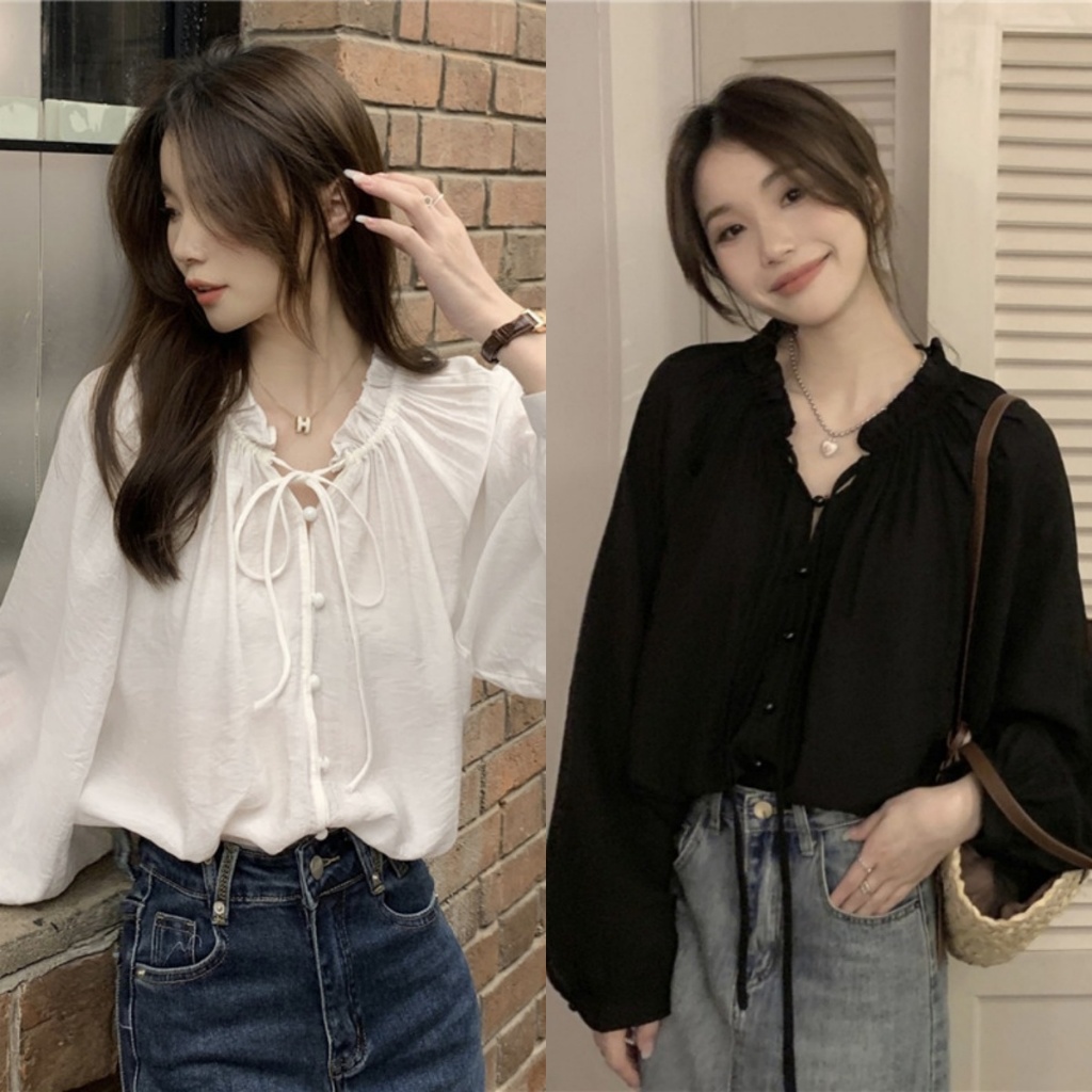 เสื้อเชิ้ตแขนโคมไฟสไตล์เกาหลีสำหรับผู้หญิง สินค้าพร้อมส่งจากประเทศไทย