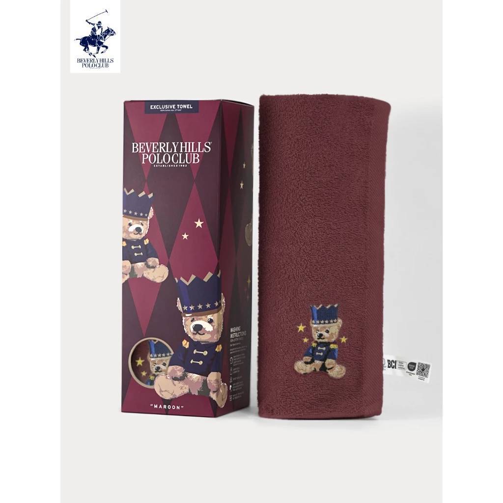 ผ้าเช็ดตัว สีแดงมะรูน ผ้าขนหนู ของขวัญ Polo BEVERLY HILLS POLO CLUB ผ้าขนหนูหมี รุ่น BHPB018