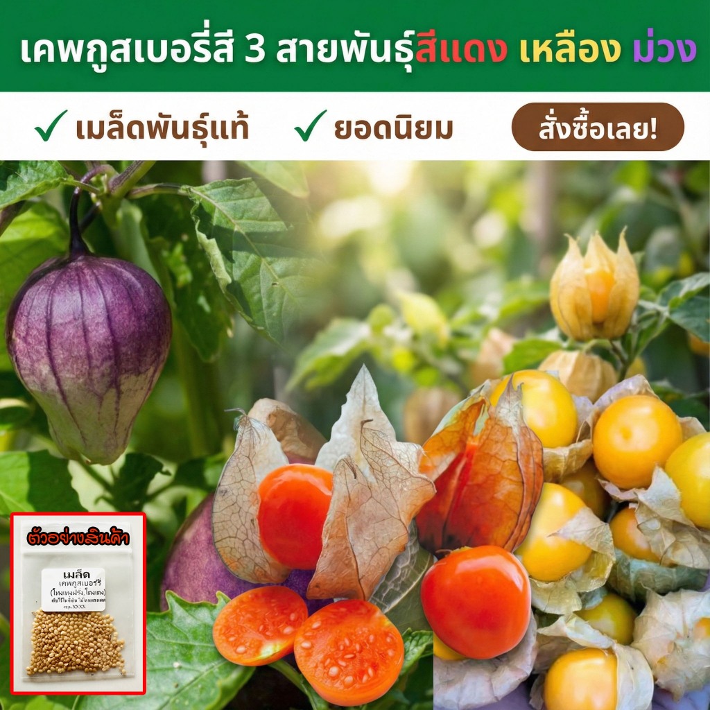 อินทรีย์ออแกนิค เมล็ดพันธุ์เคพกูสเบอรี่ 3 สายพันธุ์ โทงเทง โตงเตง สีแดง เหลือง ม่วง 40-100 เมล็ด โตไว (ซื้อ 10 แถม 1 คละ