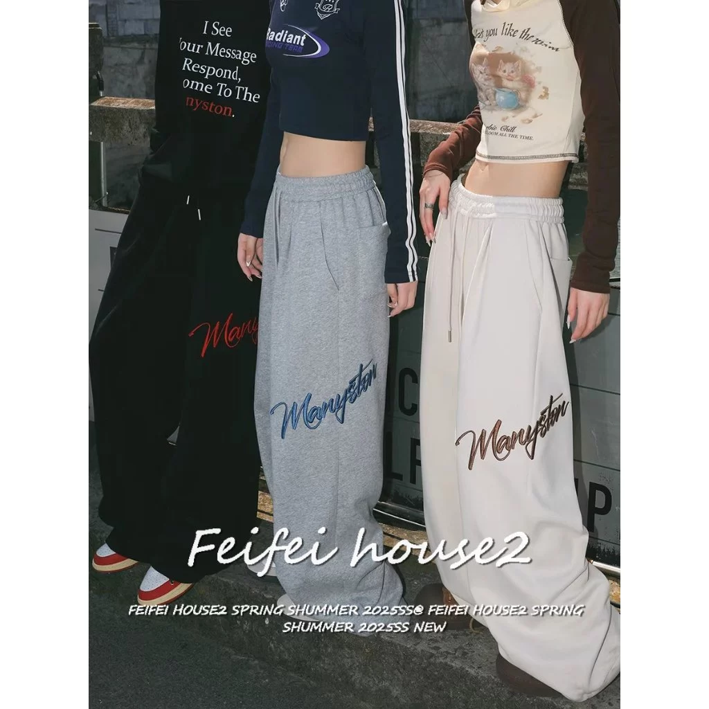 [letter embroidered versatile trousers]ผู้หญิงสไตล์สตรีทเรโทรงานปักลำลองสำหรับกางเกงขายาวทรงกว้าง