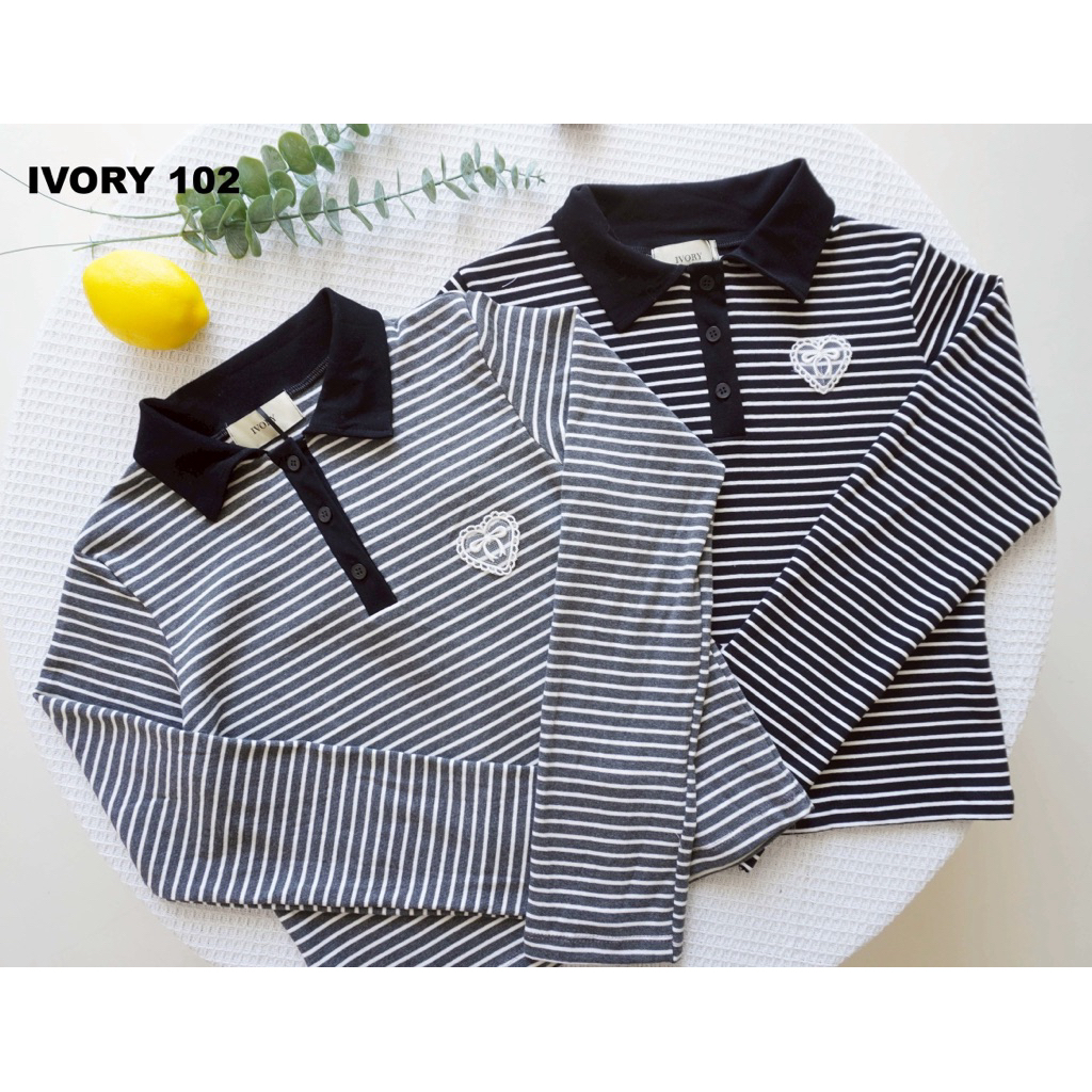 เสื้อโปโลPoloลายริ้วคอมีปกunisex/ovs/crop