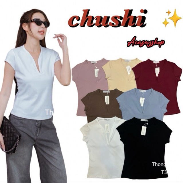 Acasey เสื้อแขนสั้นผู้หญิง คอวีกุ้น แขนเต่อ ผ้านิ่มใส่สบาย เอวเข้ารูป T343 อก 32-40นิ้ว