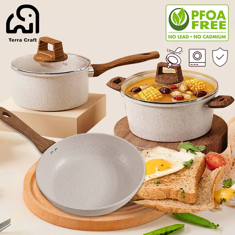 Terra Craft non-stick หินไมฟานชุด ชิ้นสีขาว หม้อกระทะครบชุดในครัวเรือน กระทะ หม้อนม หม้อซุป เหมาะสำหรับเตาแก๊สเท่านั้น