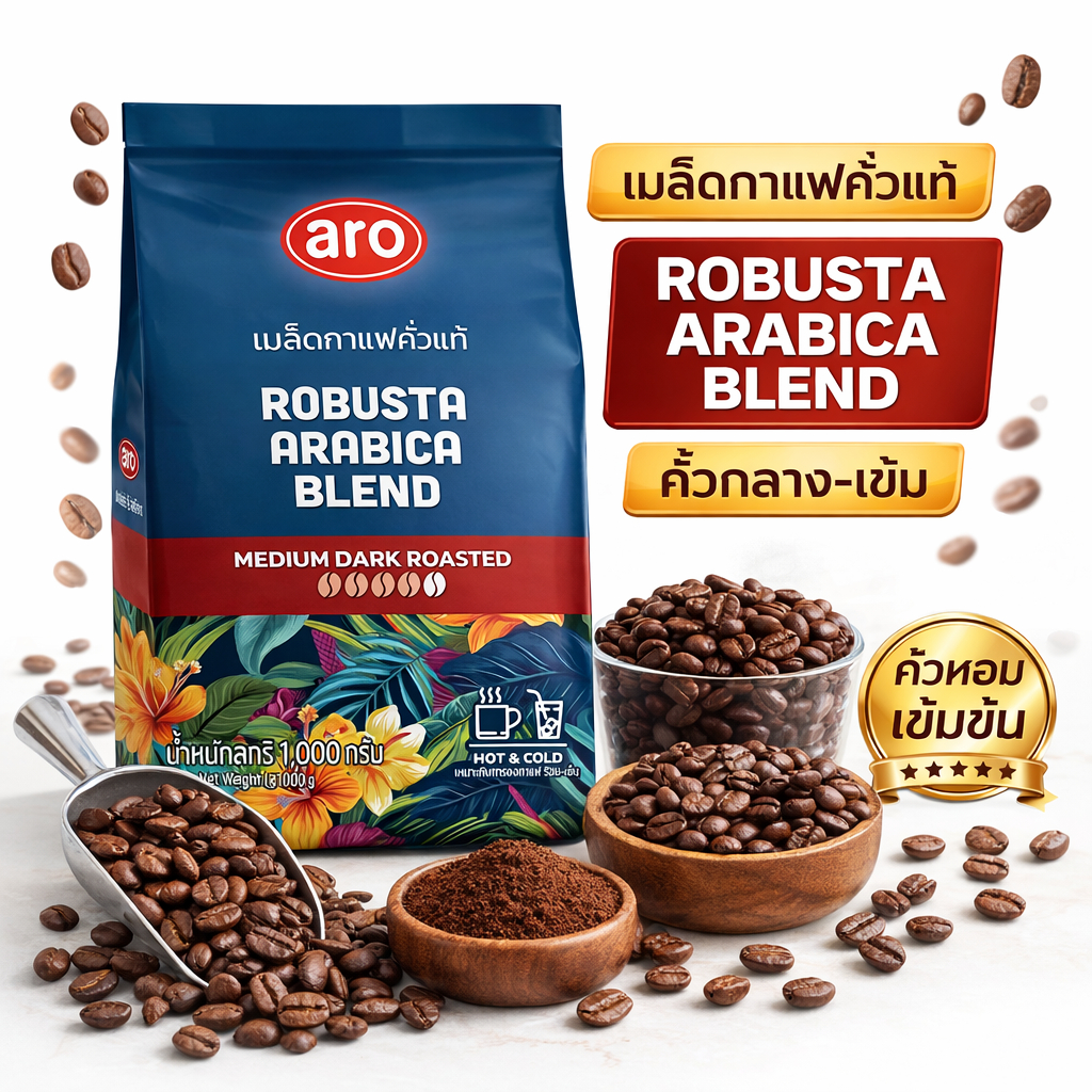 เมล็ดกาแฟคั่ว กาแฟเอโร่ ARO Robusta Arabica Blend คั่วกลางเข้ม 1kg