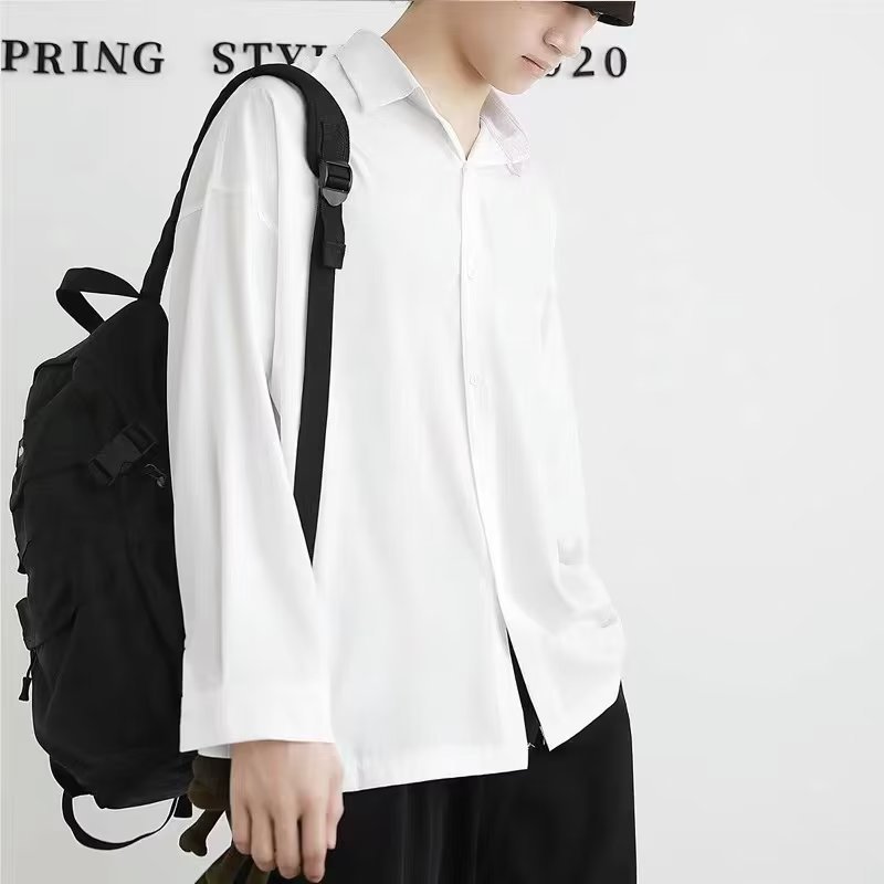 เสื้อดำคอปก สีดำ สีทึบหลวมชายเสื้อแขนยาวเทรนด์ร้อยชุดลำลองเสื้อ M-3XL