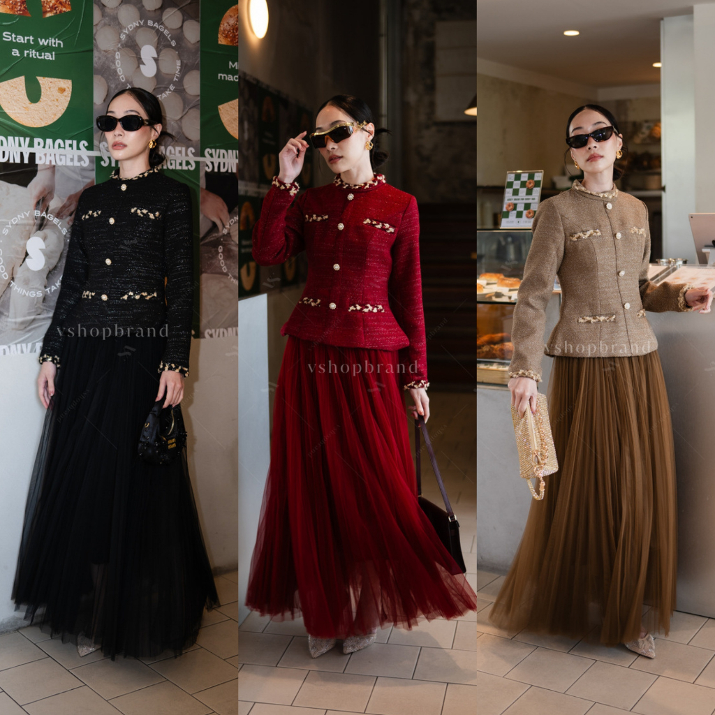 พร้อมส่ง 6062-2 Set เสื้อทวิตแขนยาวกระดุมมุกหน้าและกระโปรงยาวซีทรู งานป้าย vshopbrand