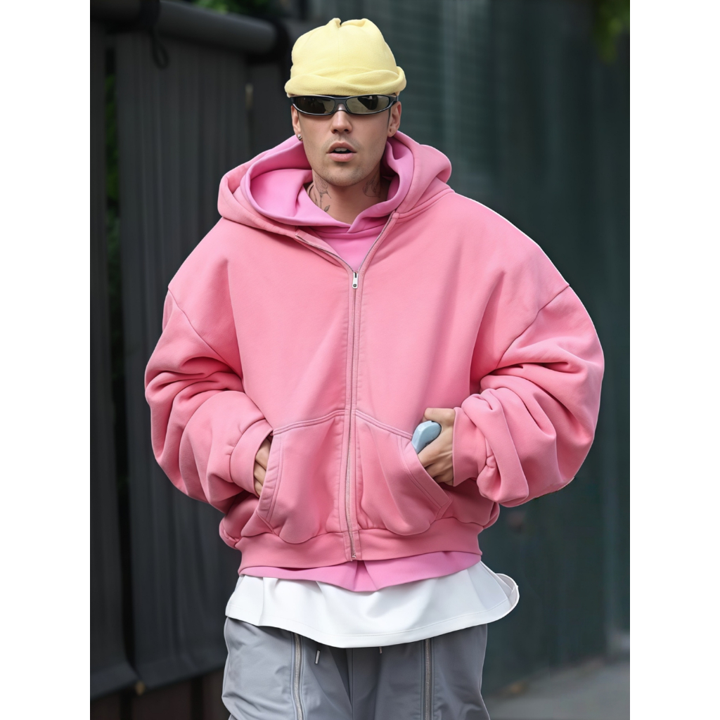 SKYLRY เสื้อฮู้ดซิป สไตล์ Justin Bieber American Trend ปักลาย สีพื้น ทรงหลวม Unisex