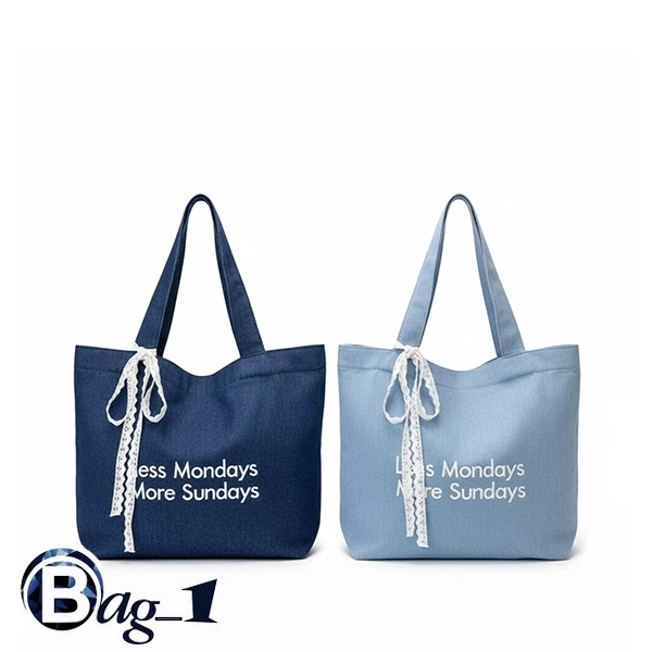 bag_1(BAG2098) กระเป๋าถือผ้าผ้ายีนส์ งานปัก LessMondays+มีโบว์