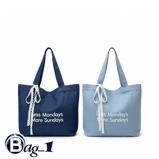 bag_1(BAG2098) กระเป๋าถือผ้าผ้ายีนส์ งานปัก LessMondays+มีโบว์