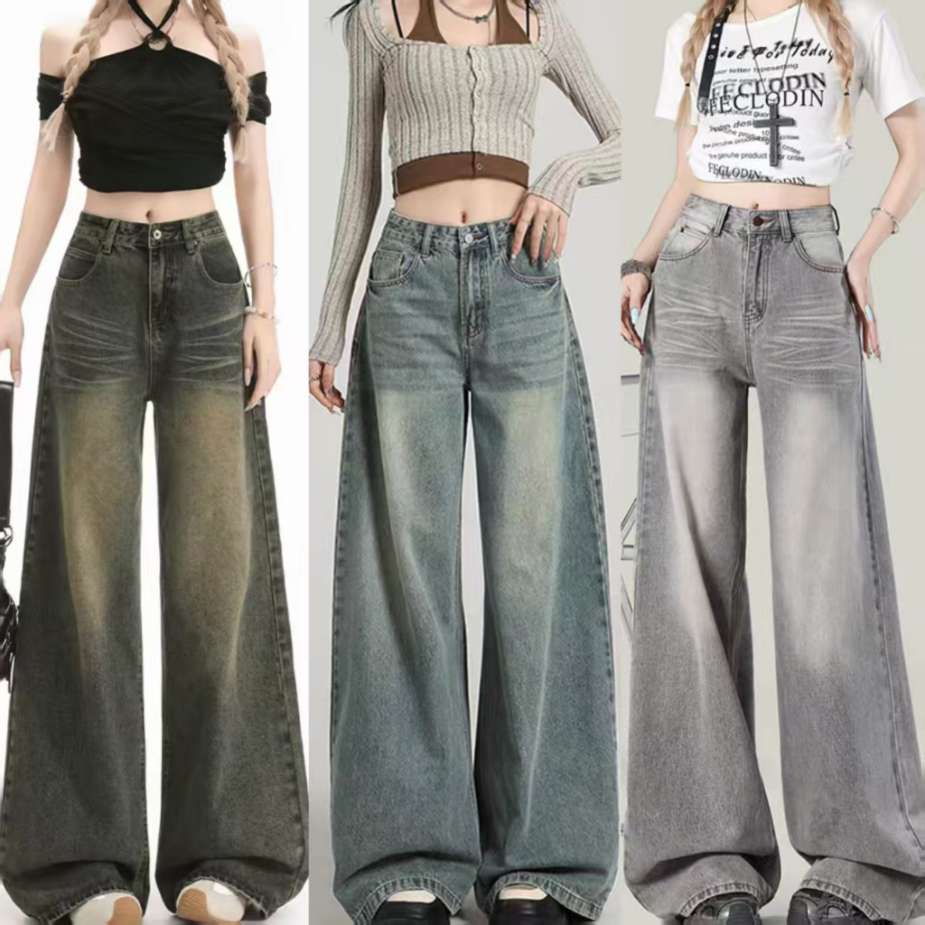 🔥919nn🔥กางเกงยีนส์ผู้หญิง กางเกงขากว้าง ผ้ายีนส์นิ่ม ทรงสวย ทรงหลวม ยืดได้