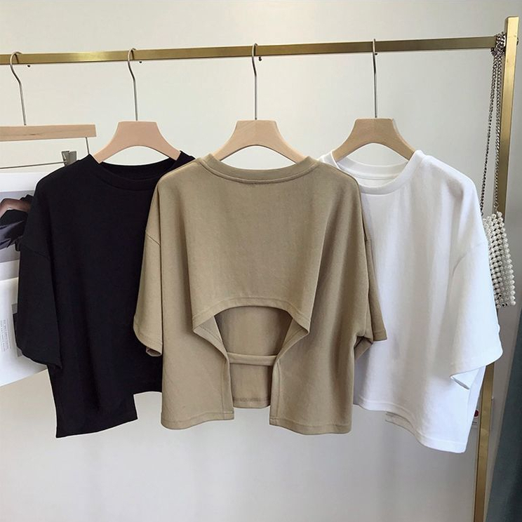 เสื้อครอปสีขาวแขนสั้นสไตล์เกาหลี⚛️oversize⚛️เสื้อผ้าแฟชั่นวัยรุ่นน่ารัก⚛️เสื้อยืดเปลือยหลังสีพื้นผู้หญิงฤดูร้อนใหม่XXL