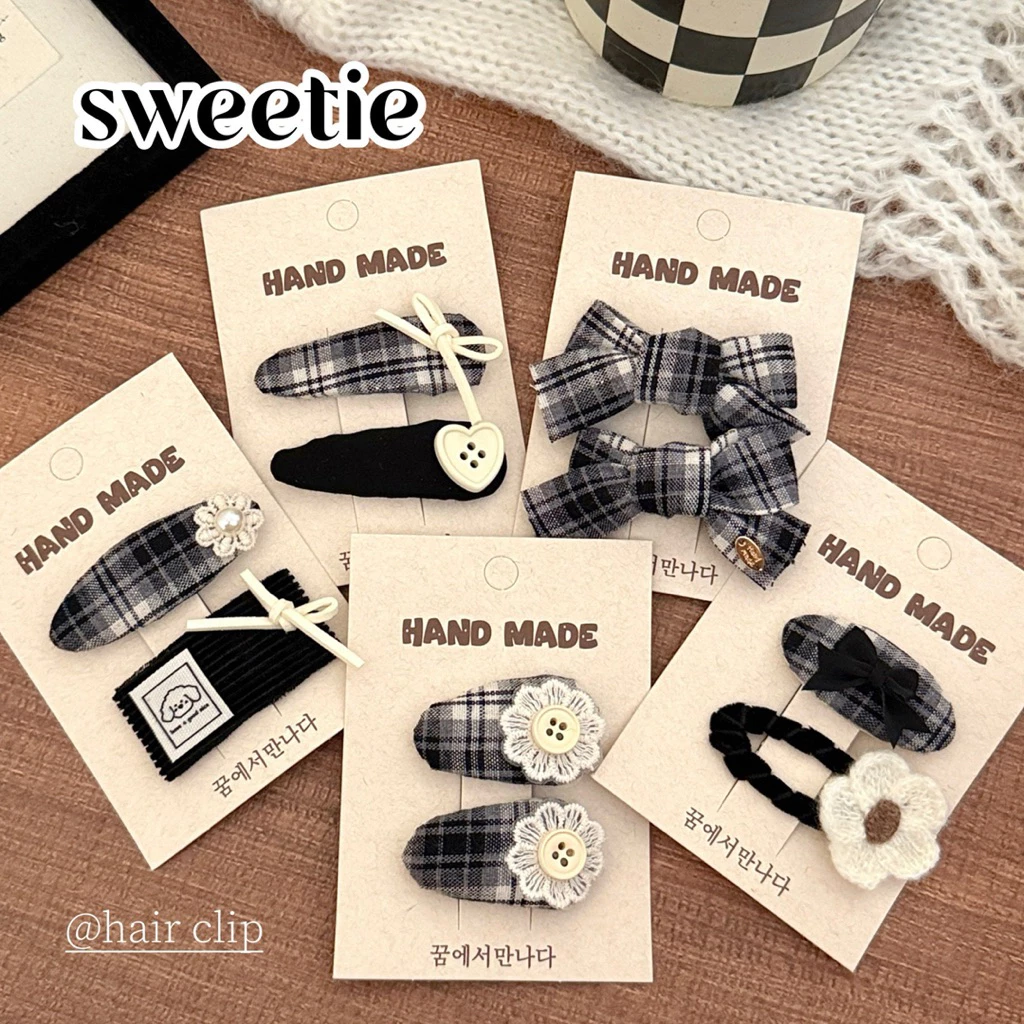 Cute 455 กิ๊บติดผม กิ๊บแป๊กหนีบผมลายสก๊อตโทนดำ 2 ชิ้น / แพ็ค