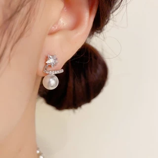 Vipalis พร้อมส่ง ต่างหูมุกคริสตัลดาว ดีไซน์เกลียว | Star Pearl Spiral Earrings | Post Pin Silver 925