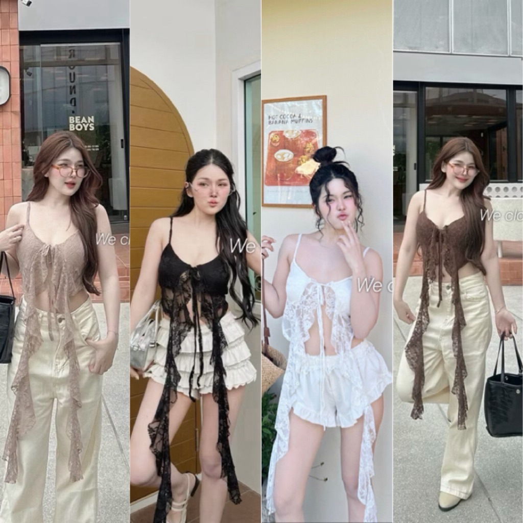 💕Shopbypuy💕สายเดี่ยวผูกหน้าผ้าลูกไม้ปลายระบายยาว🎈อกเสริมฟองน้ำ