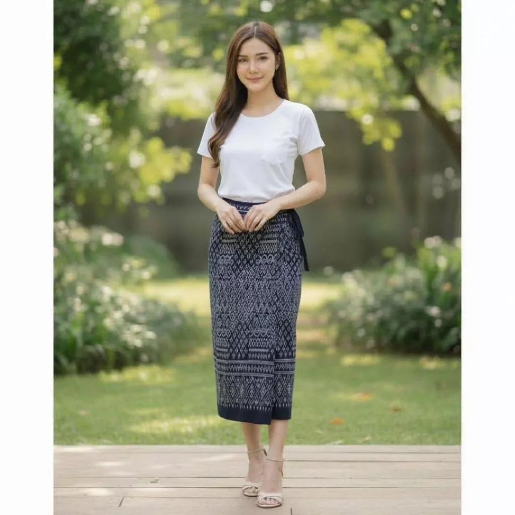กระโปรงผ้าฝ้ายพิมพ์ลายไทย แบบป้ายผูกเอว รหัส CF - รูปที่ 1