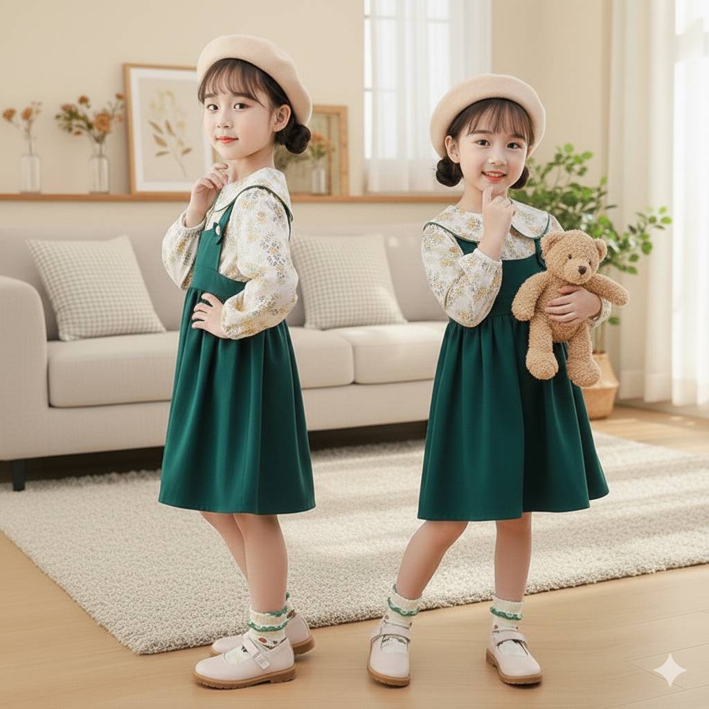 [Y D]🔥พร้อมส่ง🔥เสื้อเชิ้ตแขนยาวลายดอก+กระโปรงสายเดี่ยวเด็กผู้หญิง(2ชิ้น)#144