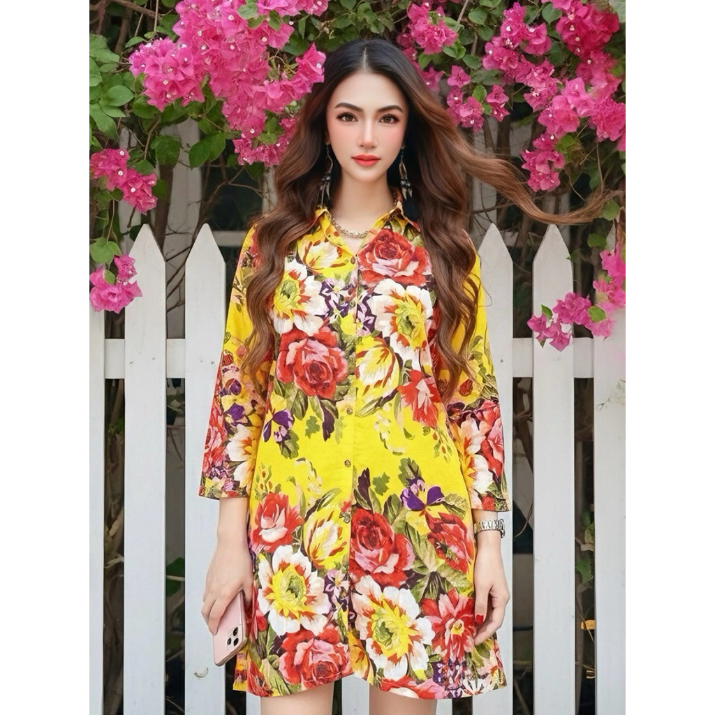 (งานแท้แพทเทิร์นสวย) เสื้อผ้าป่านลายดอก เสื้อลายดอก ถ่ายรูปสวยโดดเด่น