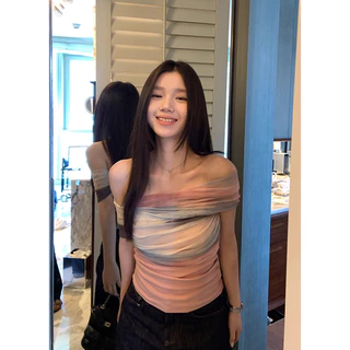 VaVa【ในสต็อก】เสื้อยืดผู้หญิง ดีไซน์เปิดไหล่ เซ็กซี่ แซ่บๆ ดีไซน์สีน้ำ จับคู่สี เข้ารูป โชว์สัดส่วนเซ็กซี่
