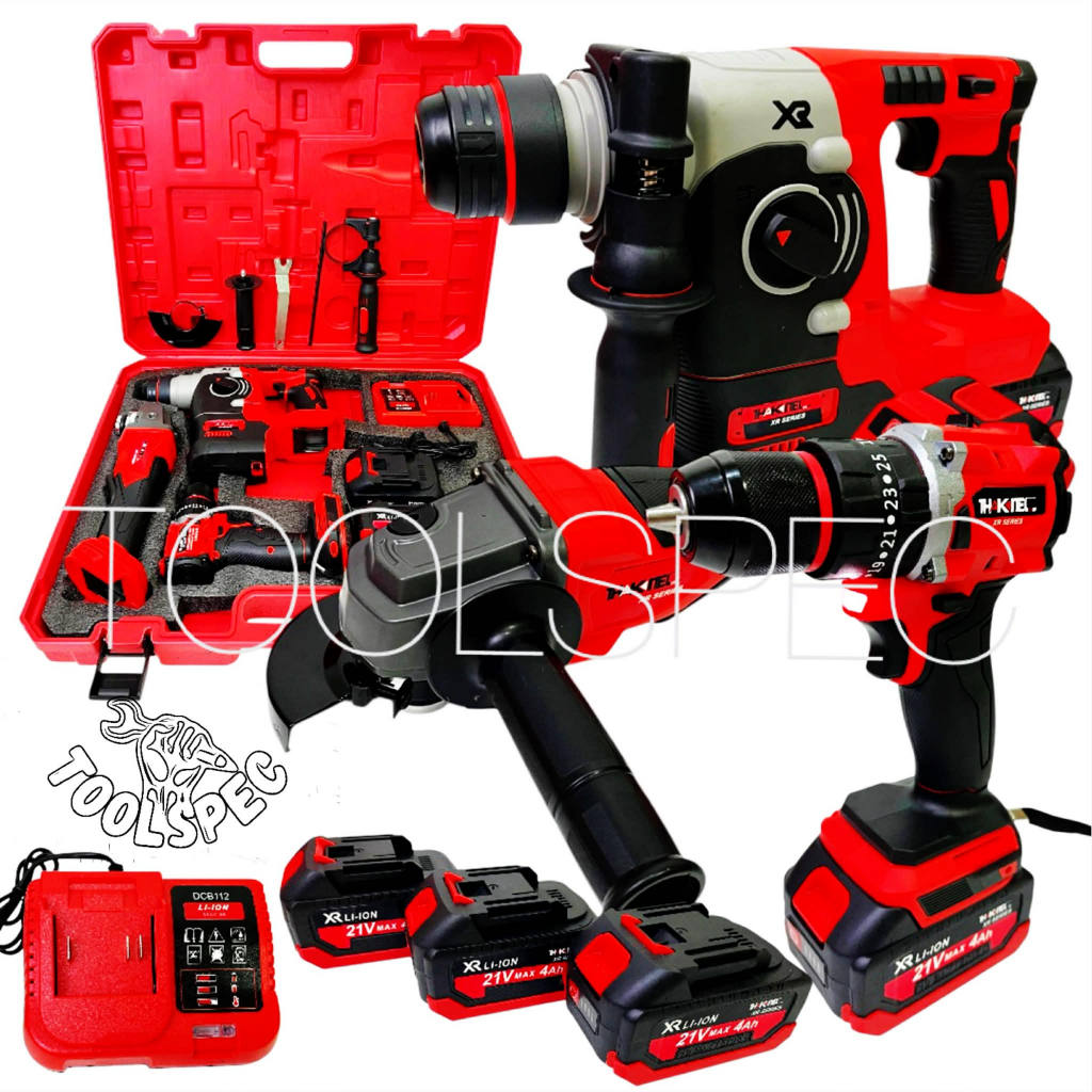 (SERIE XR)THAKITEC ชุดเครื่องมือช่างไร้สาย BL MOTOR สว่านกระแทก+เครื่องเจียร์+สว่านโรตารี แบตลิเธียมโฉมใหม่ XR 21VMAX