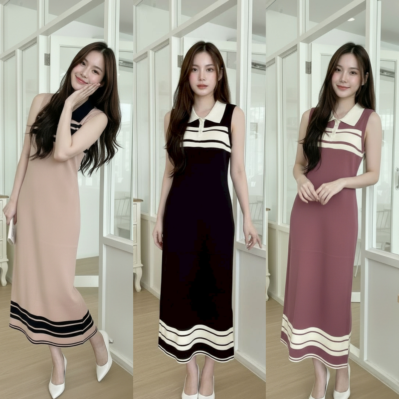 🌈SpinnyHouse🌈เดรสยาว ทรงแขนกุด คอโปโล ผ้าไหมพรมยืดตามตัว สาวอวบใส่ได้ ผ้ายืดตามตัว รุ่น นัดเจอ