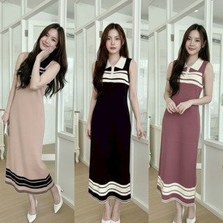 🌈SpinnyHouse🌈เดรสยาว ทรงแขนกุด คอโปโล ผ้าไหมพรมยืดตามตัว สาว…