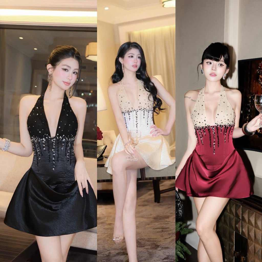 TBBแบรนด์ : Olivia dress มินิเดรสคล้องคอผ้าซาติน ประดับเลื่อมและลูกปัดไล่เฉด [พร้อมส่ง3สี sm]