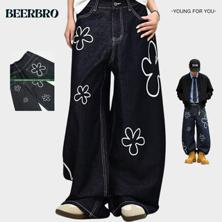 beerbroth-กางเกงยีนส์ขายาวทรงหลวมพิมพ์ลายดอกไม้สไตล์เรโทรแบบฟอกสี สำหรับผู้ชาย ทรงตรงลำลอง baggy jeans