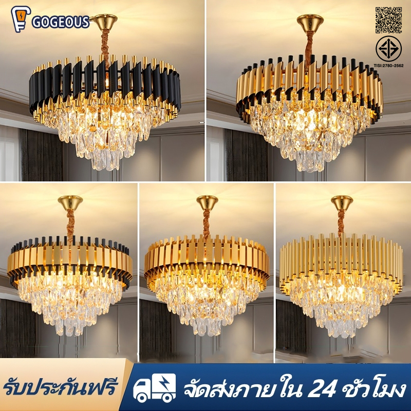 GOGEOUS โคมไฟระย้า LED โคมระย้าคริสตัลสีทอง แบบโมเดิร์น วงกลม 5 ชั้น แบบห้อยเพดาน โคมระย้า แบบใหญ่และให้แสงสว่างสวยงา