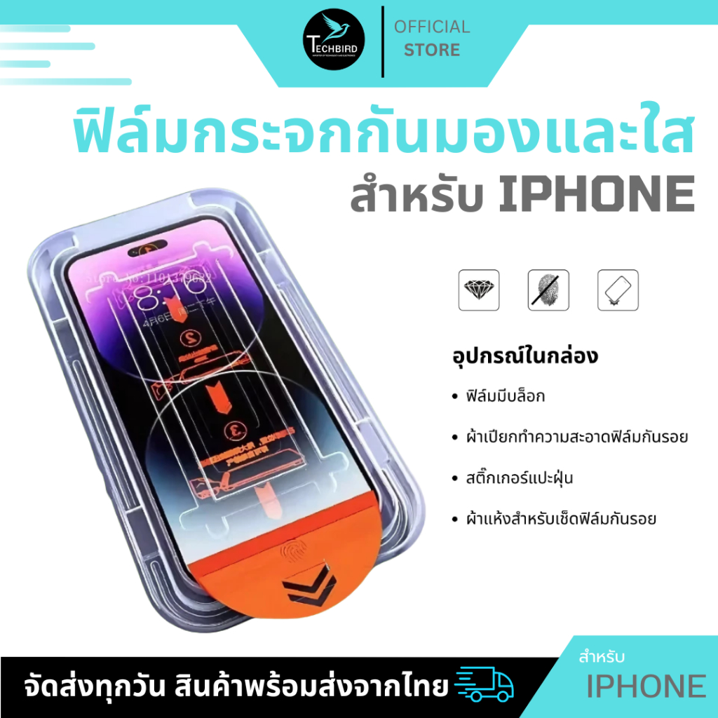 ฟิล์มกระจกนิรภัยปกป้อง กันมอง กันเสือก พร้อมบล็อก สำหรับ iPhone16 15 14 13 12 11 14 PLUS 15 PRO X XR Xs Max 6 7 8