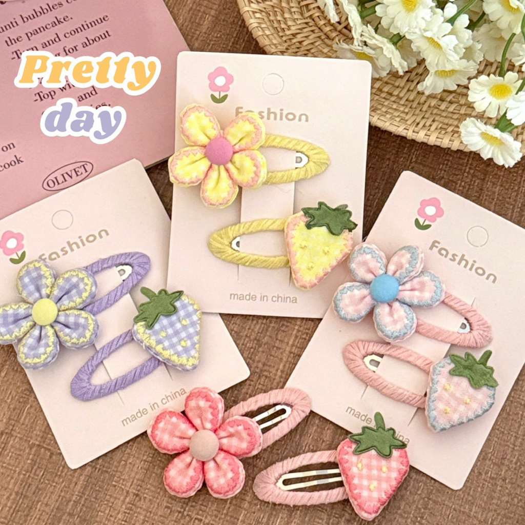 Cute 463 กิ๊บติดผม กิ๊บแป๊กหนีบผมดอกไม้สตรอเบอรี่สีหวาน 2 ชิ้น / แพ็ค